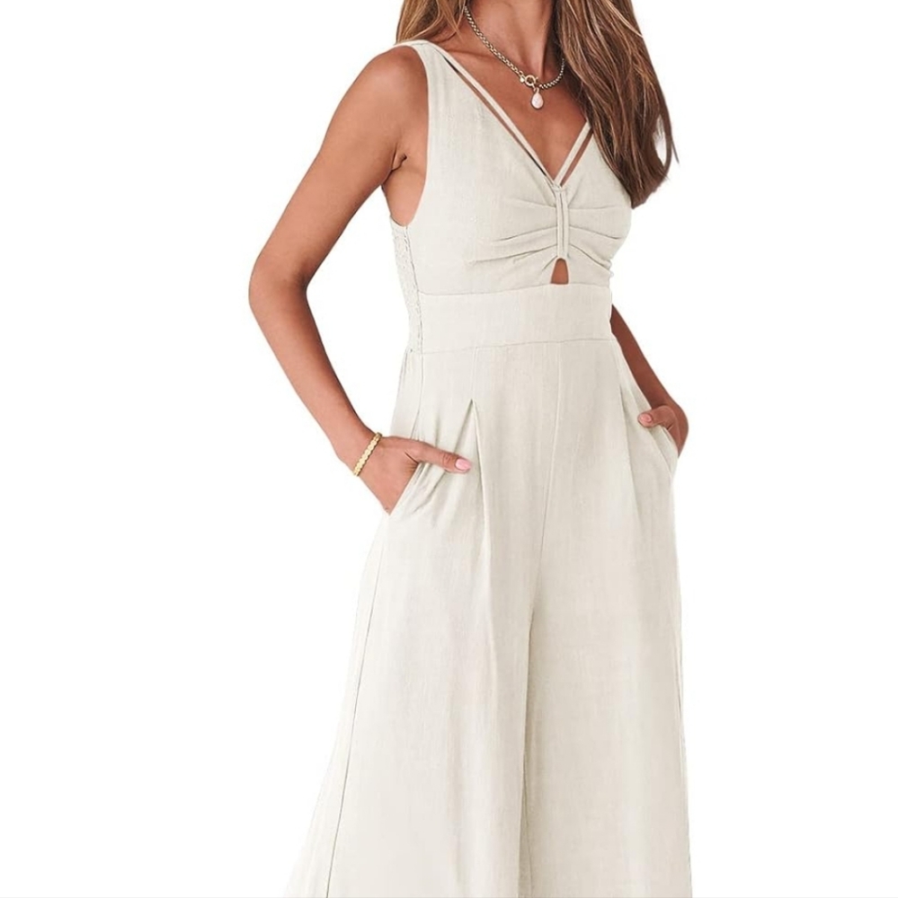 Cream Wide-Leg Jumpsuit with Sleeveless Design